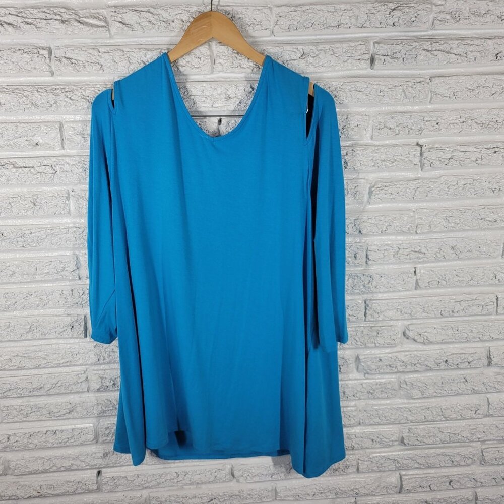 Belle Kim Gravel QVC XL Blue Blouse Tunic Top V Neck 3/4 Sleeve Modal BLU42E